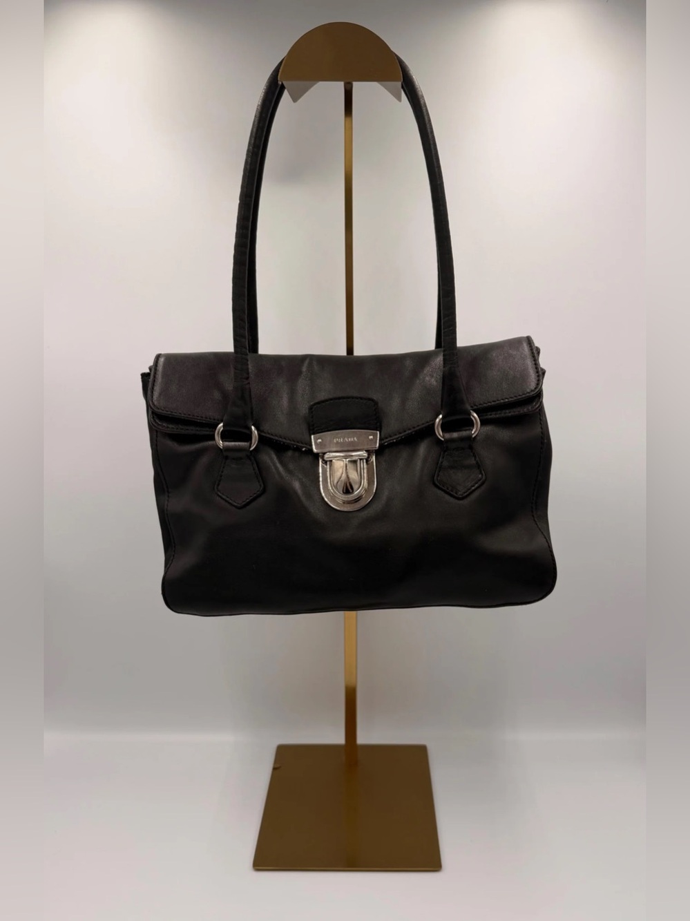 Prada Leather Push-Lock Shoulder Bag - Black